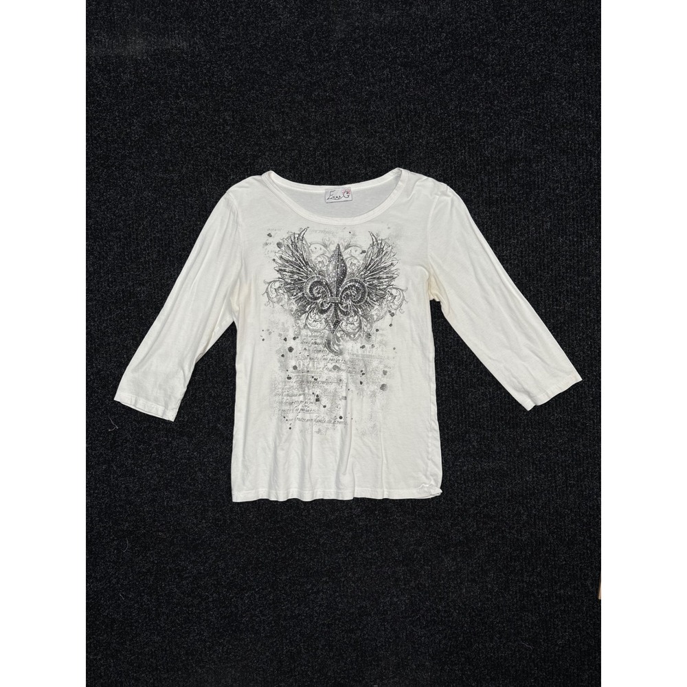 Emma G White Fleur De Lis Winged Graphic Tee Y2K Glitter Long Sleeve Shirt M